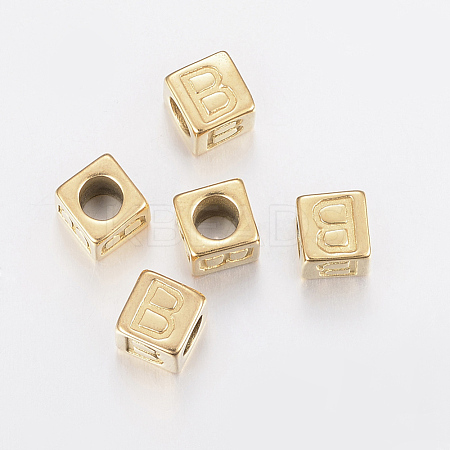 304 Stainless Steel Large Hole Letter European Beads X-STAS-H428-01G-B-1