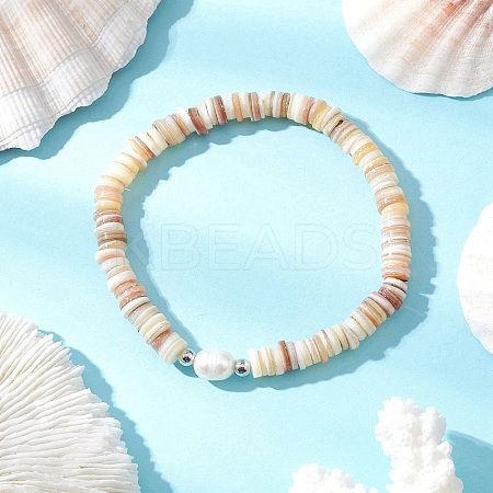 Natural Cultured Freshwater Pearl & Shell & Brass Spacer Beads Stretch Bracelets for Women BJEW-JB11874-01-1