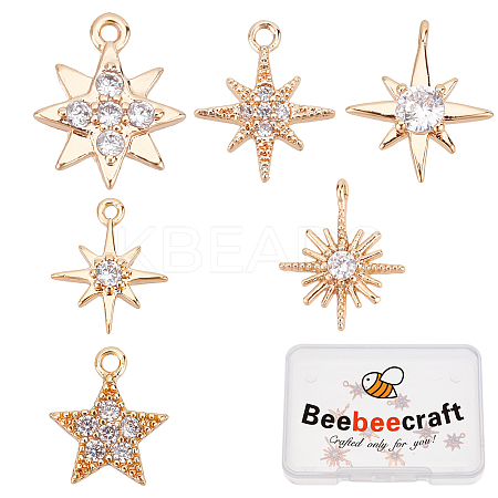 12Pcs 6 Styke Long-Lasting Plated Brass Micro Pave Clear Cubic Zirconia Charms KK-BBC0001-62-1