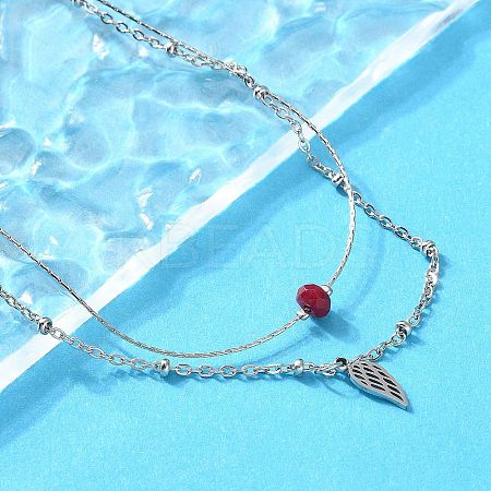 304 Stainless Steel & Dyed Natural White Jade Feather Pendant Double Layer Necklaces for Women NJEW-A045-20P-1