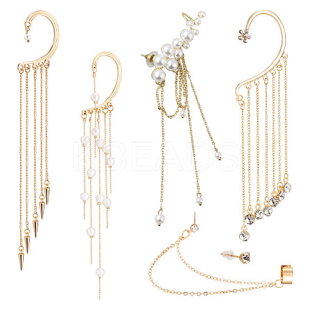 4Pcs Long Chain Tassel Drop Cuff Earrings with Imitation Pearl EJEW-KS0001-04-1