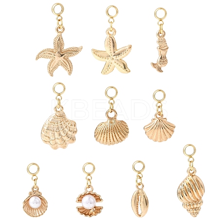 10Pcs 10 Styles Ocean Theme Alloy with Plastic Pearl European Dangle Charms PALLOY-YW00089-1