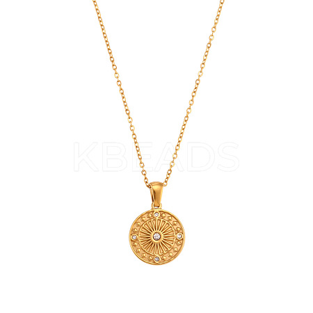304 Stainless Steel Pave Clear Cubic Zirconia Flat Round Pendant Necklaces FS-WG7E9F7-01-1