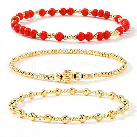 3Pcs Glass & Brass Round Beads Stretch Bracelets HD9470-5-1