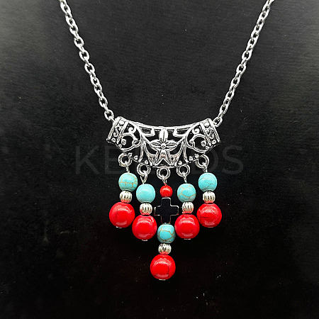 Ethnic Style Alloy with Synthetic Turquoise Tassel Pendant Necklaces for Women LS-LS9593-1
