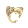 Rack Plating Heart Brass Micro Pave Cubic Zirconia Open Cuff Rings for Women RJEW-B064-08G-1