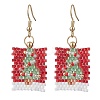 Rectangle with Christmas Tree Glass Seed Bead with 304 Stainless Steel Dangle Earrings EJEW-MZ00535-2