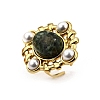 304 Stainless Steel with Natural Gemstone and Plastic Imitation Pearl Adjustable Cuff Rings for Women LS-RJEW-Z096-02G-02-2