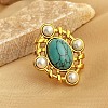 304 Stainless Steel with Turquoise and Plastic Imitation Pearl Adjustable Cuff Rings for Women LS-RJEW-Z096-02G-01-1