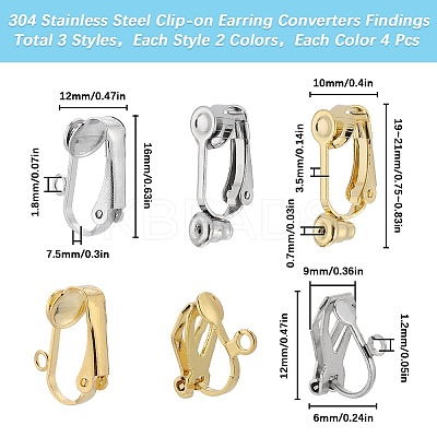 24Pcs 6 Styles 304 Stainless Steel Clip-on Earring Converters Findings STAS-SC0006-79-1