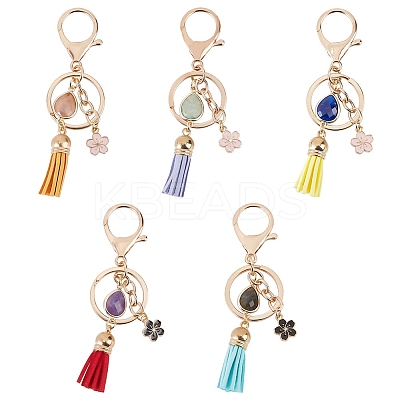 5Pcs 5 Styles Natural Gemstone Nuggets Bead Tassel Pendant Keychain KEYC-NB0001-51-1