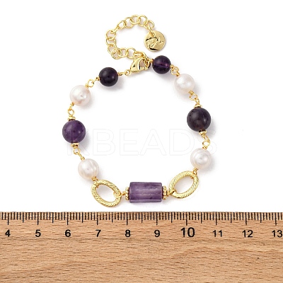 Natural Amethyst & Pearl Round Beads Link Bracelets for Women BJEW-Q039-01G-1