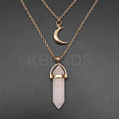 Natural Rose Quartz Cone Pendant Double Layer Necklace UX9990-30-1
