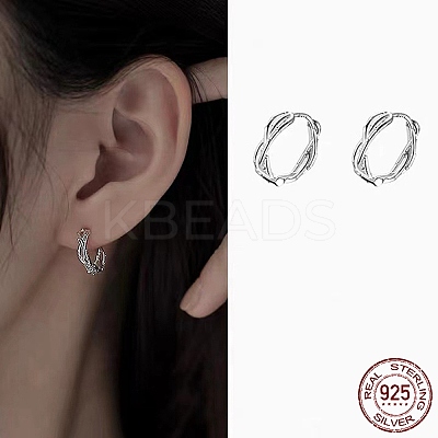 Anti-Tarnish Twisted Rhodium Plated 925 Sterling Silver Small Huggie Hoop Earrings EJEW-I260-37P-1