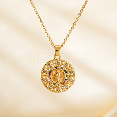 Vintage Brass Pave Cubic Zirconia Hollow Round Religion Virgin Mary Pendant Necklaces for Women EZ3168-2-1