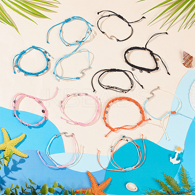 4 Sets 4 Colors 304 Stainless Steel & Alloy Wave & Flat Round Charm Bracelet BJEW-AN0001-34-1