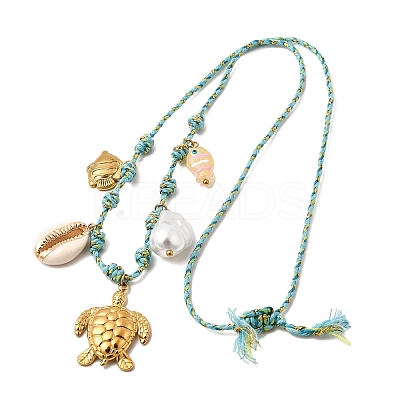Summer Beach 304 Stainless Steel & Electroplated Natural Shell Pendant Adjustable Polyester Cord Necklaces for Women NJEW-F348-01E-G-1