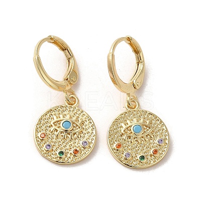 Flat Round with Eye Real 18K Gold Plated Brass Dangle Leverback Earrings EJEW-Q797-08G-1
