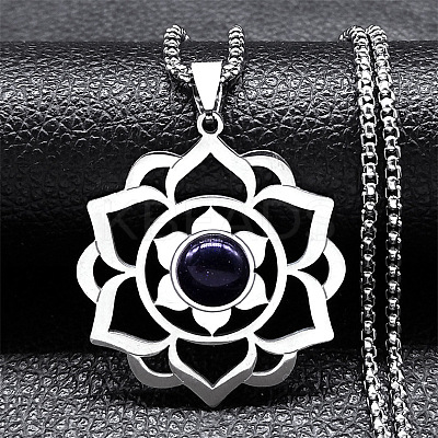 Chakra Lotus Flower 201 Stainless Steel Pave Synthetic Blue Goldstone Pendant Necklaces for Women LS-NJEW-K283-26P-1