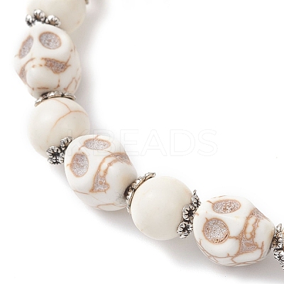 4Pcs 4 Colors Halloween Dyed Synthetic Turquoise Skull & Round Beaded Stretch Bracelet Sets for Men Women BJEW-JB12255-1