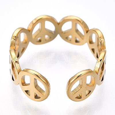 Ion Plating(IP) 304 Stainless Steel Peace Sign Open Cuff Ring for Women LS-RJEW-T027-08G-1
