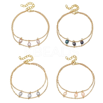 Brass Cable Chains & Rice Natural Cultured Freshwater Pearl Double Layers Bracelets for Women BJEW-JB14135-1