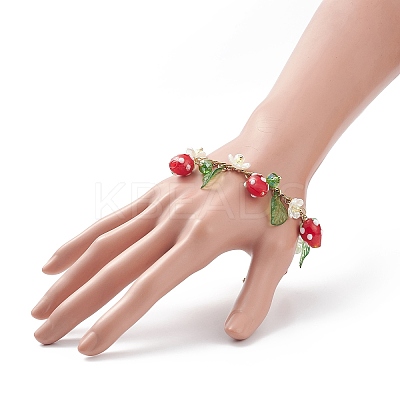 Plastic Imitation Pearl Flower & Acrylic Leaf & Lampwork Strawberry Charms Bracelet BJEW-TA00181-1