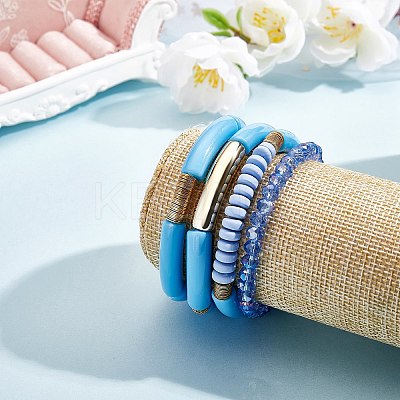 4Pcs 4 Style Acrylic Chunky Curved Tube Stretch Bracelet Sets BJEW-SW00074-03-1