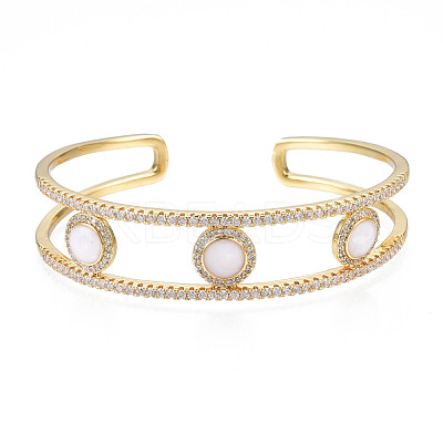 Enamel Flat Round Open Cuff Bangle with Clear Cubic Zirconia BJEW-N012-026-1