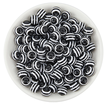 200Pcs Round Striped Resin Beads RESI-PA0001-17-1