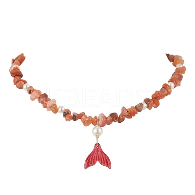 Natural South Red Agate Chip & Imitaton Round Pearl Beaded Adjustable Necklaces NJEW-JN05227-06-1