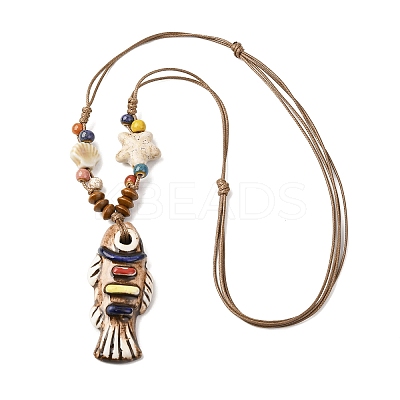 Ceramic Fish Pendant Adjustable Waxed Cord Necklaces for Women LS-NJEW-B146-01-1