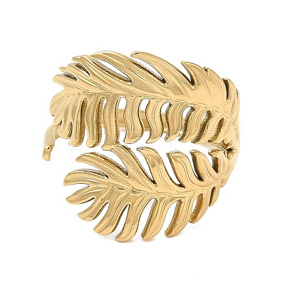 Ion Plating(IP) 304 Stainless Steel Leaf Open Cuff Ring for Women RJEW-M149-23G-1
