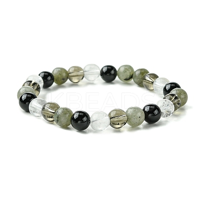 Synthetic Smoky Quartz & Labradorite & Quartz Crystal & Obsidian Round Beaded Stretch Bracelets BJEW-JB10910-11-1