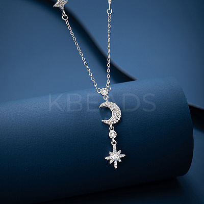 Star & Moon 925 Sterling Silver Micro Pave Clear Cubic Zirconia Pendant Necklaces WG720FB-01-1