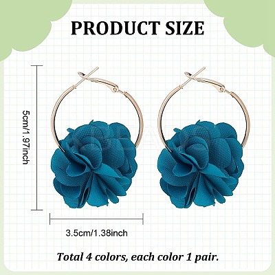 4 Pairs 4 Colors 3D Flower Cloth Hoop Earrings EJEW-AN0003-69-1