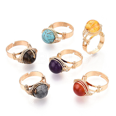 Natural Howlite & Citrine & Tiger Eye & Natural Carnelian & Amethyst & Lapis Lazuli Round Finger Rings RJEW-T019-01-KC-1-1