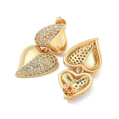 Heart Brass Pave Clear Cubic Zirconia Stud Earrings EJEW-M258-81G-1
