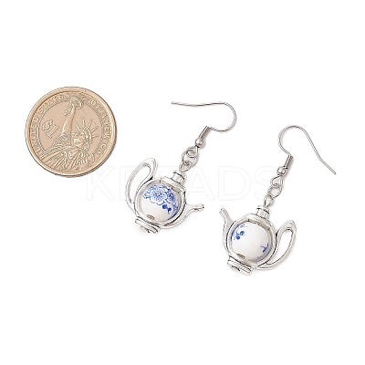 304 Stainless Steel Handmade Flower Printed Porcelain Ceramic Beads Dangle Earrings EJEW-JE06288-1