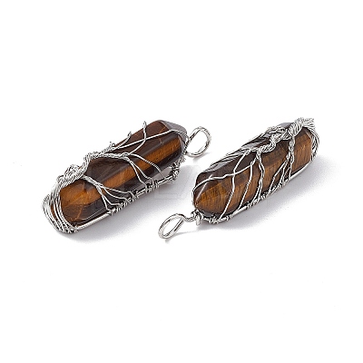 Natural Tiger Eye Copper Wire Wrapped Pointed Pendants G-F733-05A-1