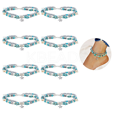 4Pcs Alloy Tortoise Charm Double Layer Multi-strand Anklet AJEW-AR0001-67-1