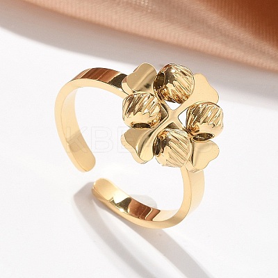 304 Stainless Steel Clover Open Cuff Rings for Women RJEW-A052-05G-1