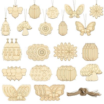 60Pcs 10 Style Spring theme Butterfly/Ladybird/Flower Unfinished Wood Pieces DIY-CJC0012-01-1
