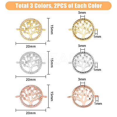 6Pcs 3 Colors Brass Clear Micro Pave Cubic Zirconia Links ZIRC-HY0001-04-1