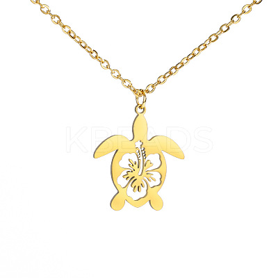 Ocean 304 Stainless Steel Hollow Floral Turtle Pendant Necklaces for Women WG89907-02-1