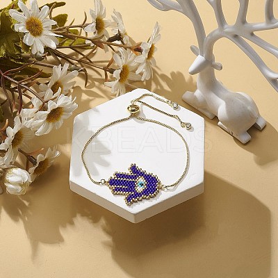 Glass Seed Braided Hamsa Hand with Evil Eye Link Slider Bracelet BJEW-MZ00004-1