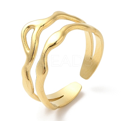 304 Stainless Steel Hollow Wave Open Cuff Ring for Women RJEW-I098-03G-1