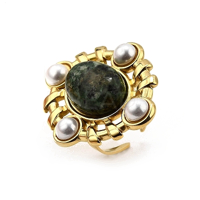 304 Stainless Steel with Natural Gemstone and Plastic Imitation Pearl Adjustable Cuff Rings for Women LS-RJEW-Z096-02G-02-1