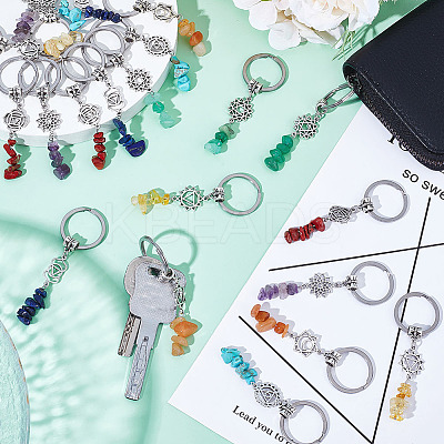 21Pcs 7 Styles Natural Red Jasper Red Aventurine Citrine Green Aventurine Lapis Lazuli Amethyst & Synthetic Turquoise Keychain with Alloy Finding and 304 Stainless Steel Split Key Ring KEYC-GO00010-1