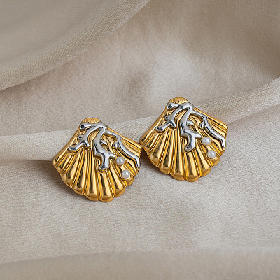 Two Tone 304 Stainless Steel Shell Pearl Stud Earrings for Women IE0729-1